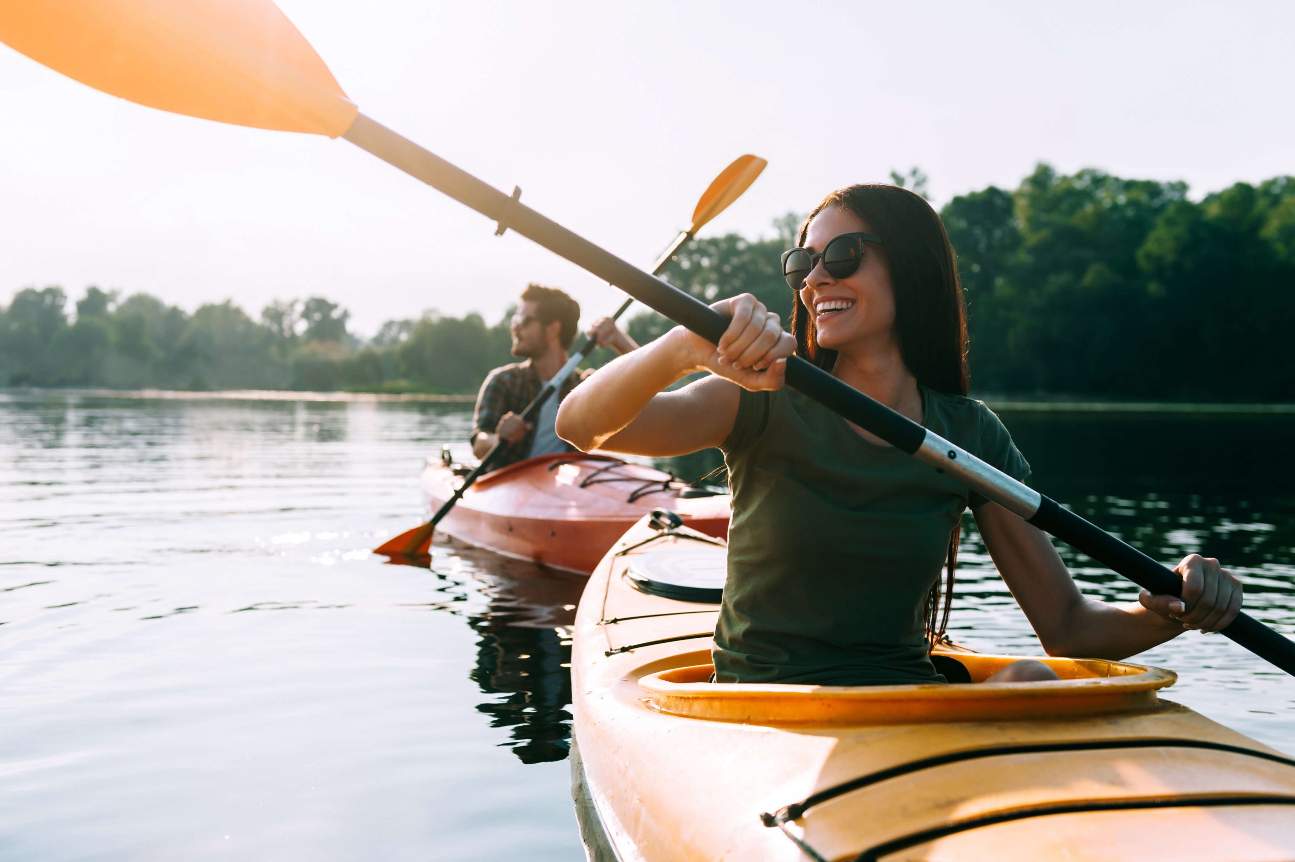 Kayaking a clear lake in the Upstate South Carolina foothills